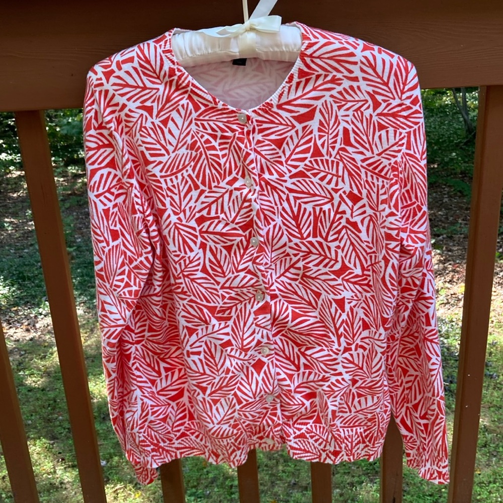 Lands’ End orange leaf pattern cardigan sweater